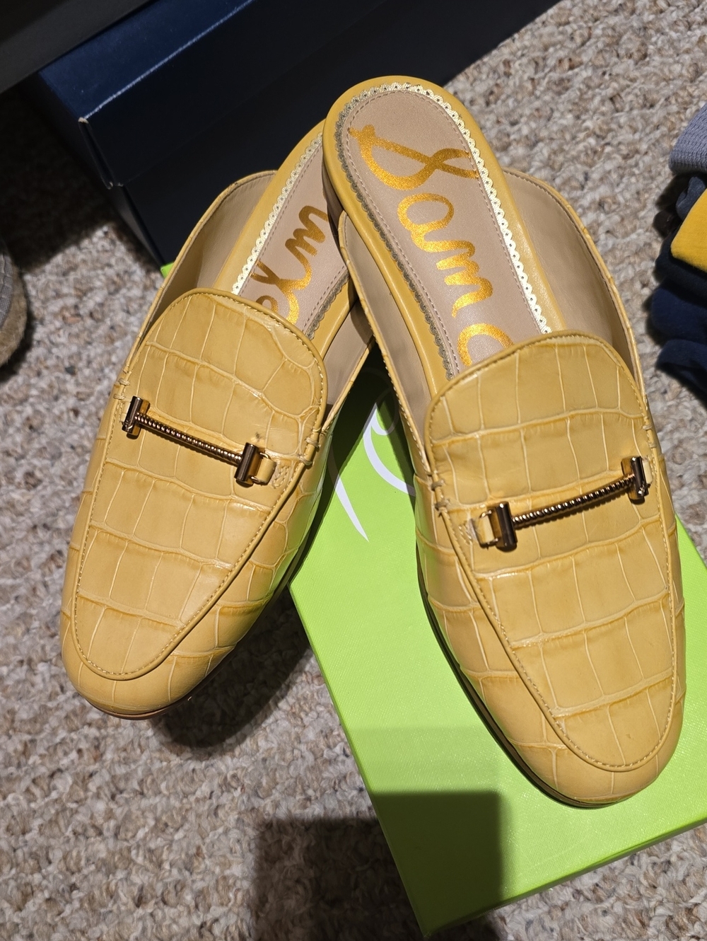 Sam Edelman Yellow Croc-Embossed Loafer Mules with Gold Bit
